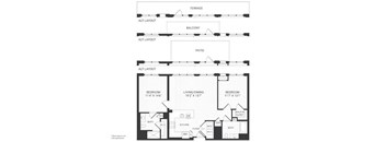 A black and white floor plan of a house with three bedrooms, a living area, and a patio.