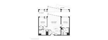 A floor plan of an apartment with two bedrooms, a living/dining area, and a balcony.