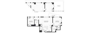 A black and white floor plan of an apartment with two bedrooms, a living area, a kitchen, and a terrace.