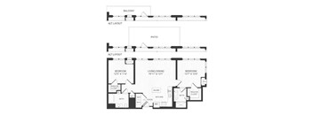 A black and white floor plan of a two-story house with a balcony, patios, and detailed room dimensions.