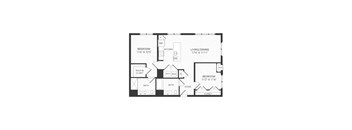 A black and white image of a floor plan for a home with a living room, dining room, kitchen, and three bedrooms.