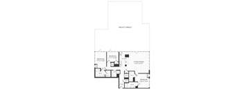 A floor plan of a house with a private terrace and four bedrooms.