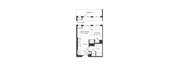 A floor plan of a living space with a kitchen, bathroom and closet.