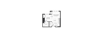 A floor plan of a small apartment with a living/dining area, kitchen, bathroom, and bedroom.