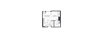 A floor plan of a house with a living/dining room, kitchen, bath, and bedrooms.