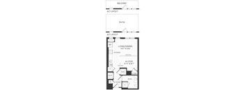 A floor plan of a living area with a kitchen, bathroom and closet.