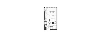 A floor plan of a living and dining room with a kitchen and bathroom.