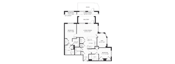 A floor plan of a house with a living room, dining room, kitchen, and two bedrooms.