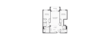 A floor plan of a house with two bedrooms, a living room, a bathroom, a kitchen, a foyer, and a dining room.