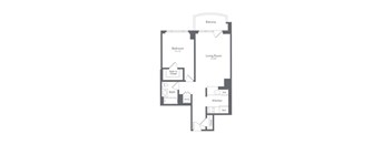 A floor plan of an apartment with a bedroom, living room, kitchen, and bathroom.
