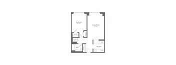 A floor plan of a small apartment with a bedroom, living room, kitchen, bathroom, and closets.