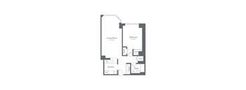 A floor plan of a small apartment with a living room, bedroom, kitchen, and bathroom.