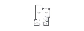 A floor plan of a small apartment with a living room, bedroom, kitchen, and bathroom.