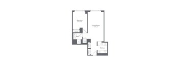 A floor plan of a small apartment with a bedroom, living room, and kitchen.