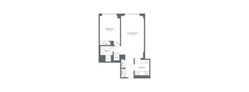 A floor plan of a small apartment with a bedroom, living room, kitchen, and bathroom.