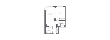 A floor plan of a small apartment with a living room, kitchen, bathroom and bedroom.