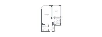 A floor plan of a small apartment with a living room, kitchen, and bathroom.