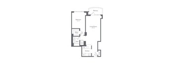 A floor plan of a home with a living room, bedroom, bathroom, kitchen, and balcony.