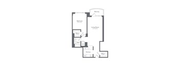 A floor plan of a home with a bedroom, living room, kitchen, and bathroom.