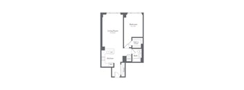 A floor plan of a small apartment with a living room, kitchen, bathroom and bedroom.
