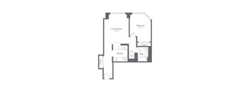 A floor plan of a small apartment with a living room, kitchen, bathroom and bedroom.