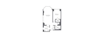A floor plan of a small apartment with a living room, bedroom, kitchen, and bathroom.