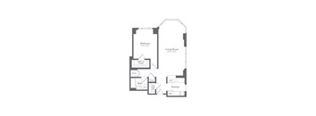 A floor plan of a small apartment with a bedroom, living room, kitchen, and bathroom.