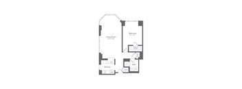 A floor plan of a home with a living room, kitchen, bath, and bedroom.