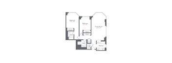 A floor plan of a house with two bedrooms, a living room, a kitchen, and two bathrooms.