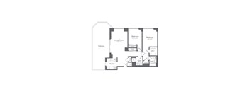 A floor plan of a house with a living room, kitchen, two bathrooms and two bedrooms.