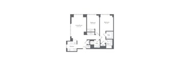 A floor plan of a house with a living room, two bedrooms, a kitchen, and two bathrooms.