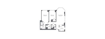 A floor plan of a house with two bedrooms, a living room, a kitchen, and two bathrooms.