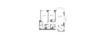A floor plan of a house with two bedrooms, a living room, a bath, a kitchen, and a walk-in closet.