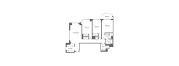 A floor plan of a house with a living room, kitchen, and three bedrooms.
