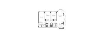 A floor plan of a house with three bedrooms, a living room, a kitchen, and two bathrooms.