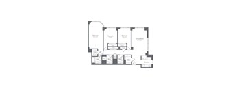 A floor plan of a house with three bedrooms, a living room, a kitchen, and three bathrooms.