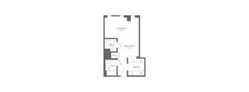 A floor plan of a small apartment with a living room, dining room, kitchen, bathroom, and walk-in closet.