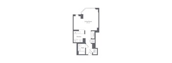 A floor plan of a small apartment with a living room, kitchen, and bathroom.