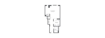 A floor plan of a small apartment with a living room, kitchen, bathroom and closet.