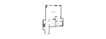 A floor plan of a small apartment with a living room, kitchen, bathroom, and two closets.