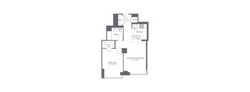 A floor plan of a small apartment with a bedroom, living/dining room, kitchen, and bathroom.