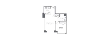 A floor plan of a house with a kitchen, living/dining room, bedroom, bath, and closet.