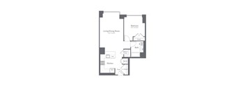 A floor plan of a small apartment with a living/dining room, kitchen, and bedroom.