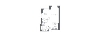 A floor plan of a small apartment with a bedroom, living/dining room, kitchen, and bathroom.