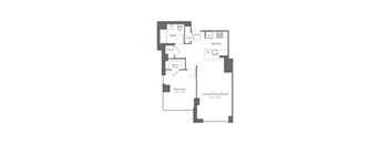 A floor plan of a small apartment with a living room, bedroom, and kitchen.