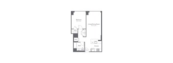 A floor plan of a small apartment with a bedroom, living/dining room, kitchen, and bathroom.