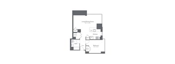 A floor plan of a small apartment with a living room, kitchen, bathroom and bedroom.