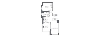 A floor plan of a house with three bedrooms, a living/dining room, a kitchen, a bath, and a walk-in closet.