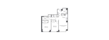 A floor plan of a house with three bedrooms, a living room, a kitchen, and two bathrooms.