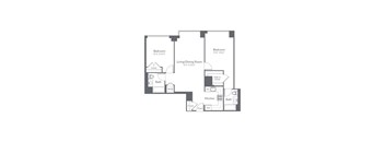 A floor plan of a house with two bedrooms, a living/dining room, a kitchen, and two bathrooms.